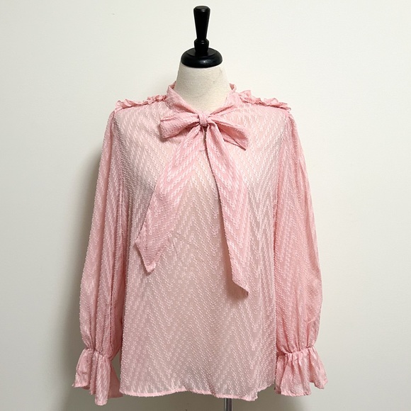 SHEIN Tops - Shein Pink Sheer Chevron Faux Pearl Puff Flounce Sleeve Pussycat Bow Blouse 2XL